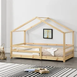 Lit d'Enfant Maison avec Barreaux de Sécurité Knätten Pin 70 x 140 cm Bois Naturel en.casa