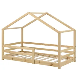 Lit d'Enfant Maison avec Barreaux de Sécurité Knätten Pin 70 x 140 cm Bois Naturel en.casa