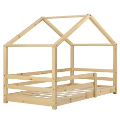 Lit d'Enfant Maison avec Barreaux de Sécurité Knätten Pin 70 x 140 cm Bois Naturel en.casa