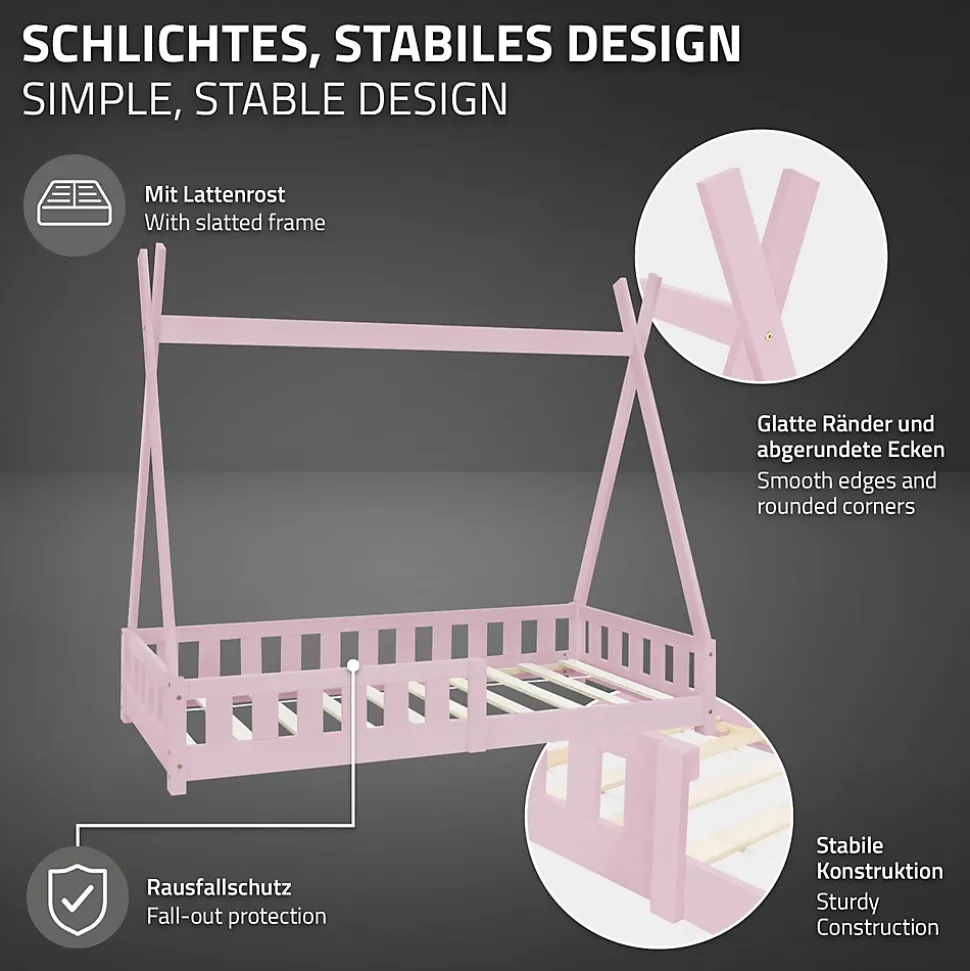 Lit d'enfant ML-Design Tipi 80x160cm rose en bois de pin massif style indien avec sommier matelas