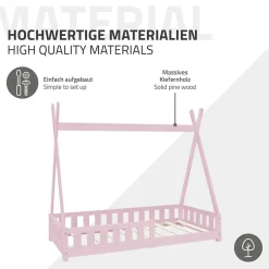 Lit d'enfant ML-Design Tipi 80x160cm rose en bois de pin massif style indien avec sommier matelas