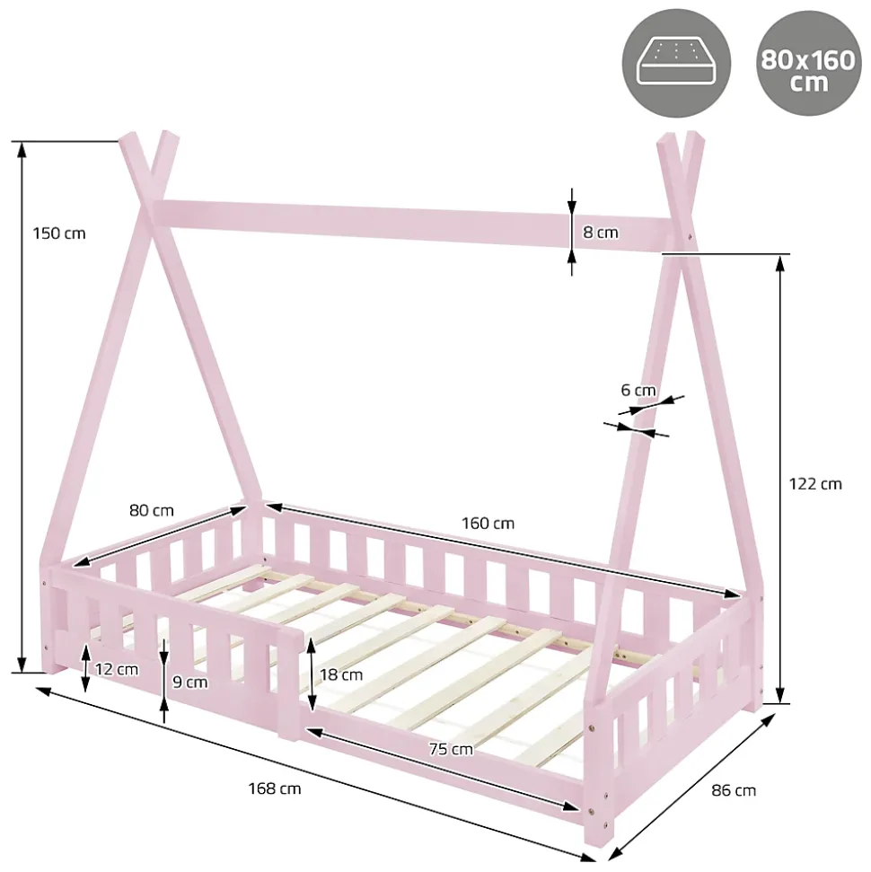 Lit d'enfant ML-Design Tipi 80x160cm rose en bois de pin massif style indien avec sommier matelas