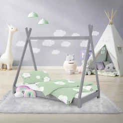 Lit d'enfant ML-Design Tipi 70x140 cm gris clair simple en bois de pin sommier à lattes style indien