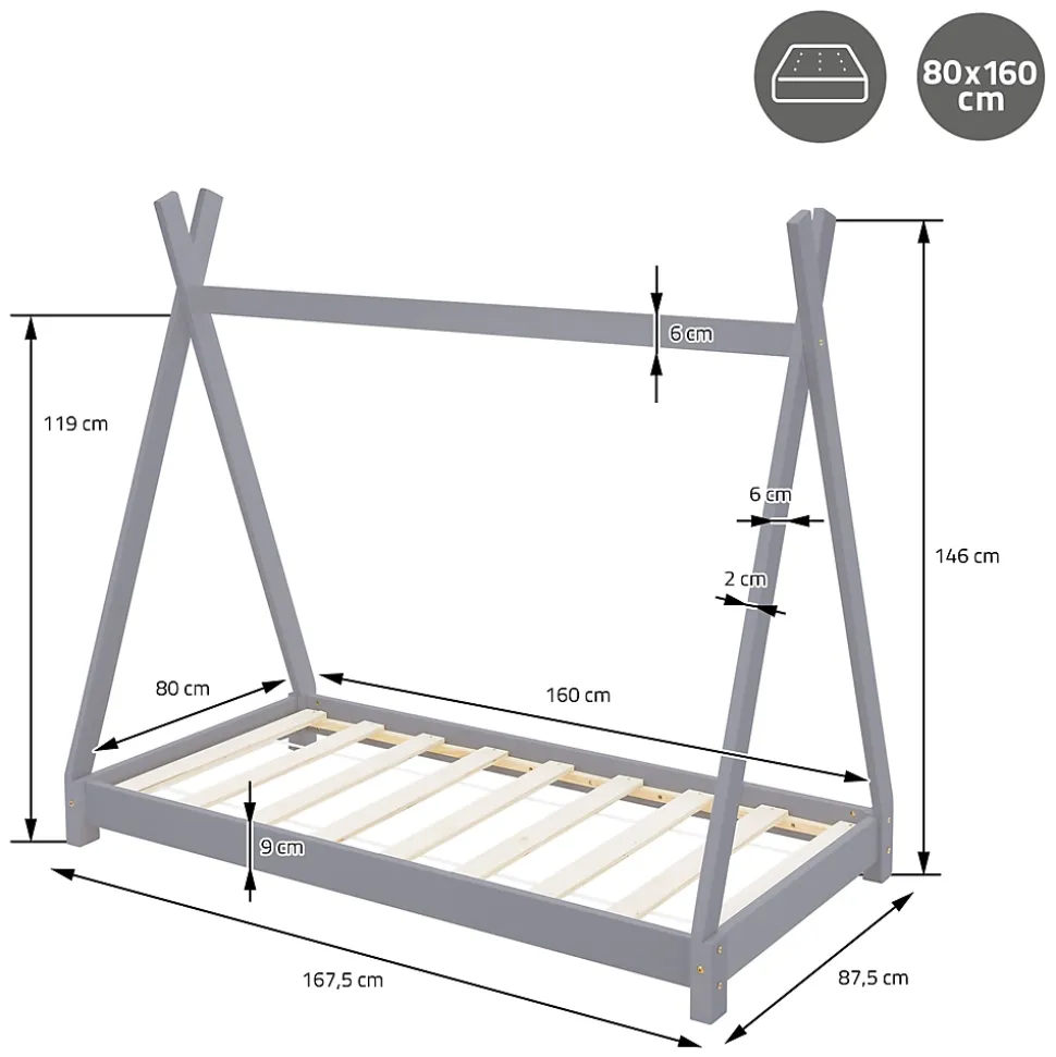 Lit d'enfant ML-Design Tipi 80x160 cm gris clair simple bois de pin avec sommier lattes style indien