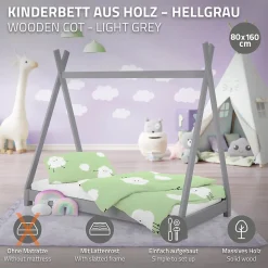 Lit d'enfant ML-Design Tipi 80x160 cm gris clair simple bois de pin avec sommier lattes style indien