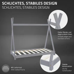 Lit d'enfant ML-Design Tipi 80x160 cm gris clair simple bois de pin avec sommier lattes style indien