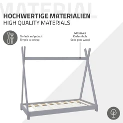 Lit d'enfant ML-Design Tipi 80x160 cm gris clair simple bois de pin avec sommier lattes style indien