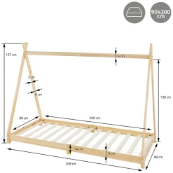 Lit d'enfant ML-Design Tipi 90x200 cm naturel simple bois de pin avec sommier à lattes style indien