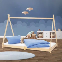Lit d'enfant ML-Design Tipi 90x200 cm naturel simple bois de pin avec sommier à lattes style indien