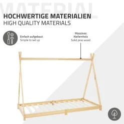 Lit d'enfant ML-Design Tipi 90x200 cm naturel simple bois de pin avec sommier à lattes style indien