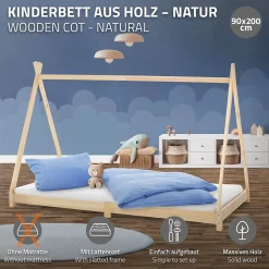 Lit d'enfant ML-Design Tipi 90x200 cm naturel simple bois de pin avec sommier à lattes style indien