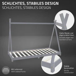 Lit d'enfant ML-Design Tipi 90x200 cm gris clair simple en bois de pin sommier à lattes style indien