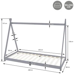 Lit d'enfant ML-Design Tipi 90x200 cm gris clair simple en bois de pin sommier à lattes style indien