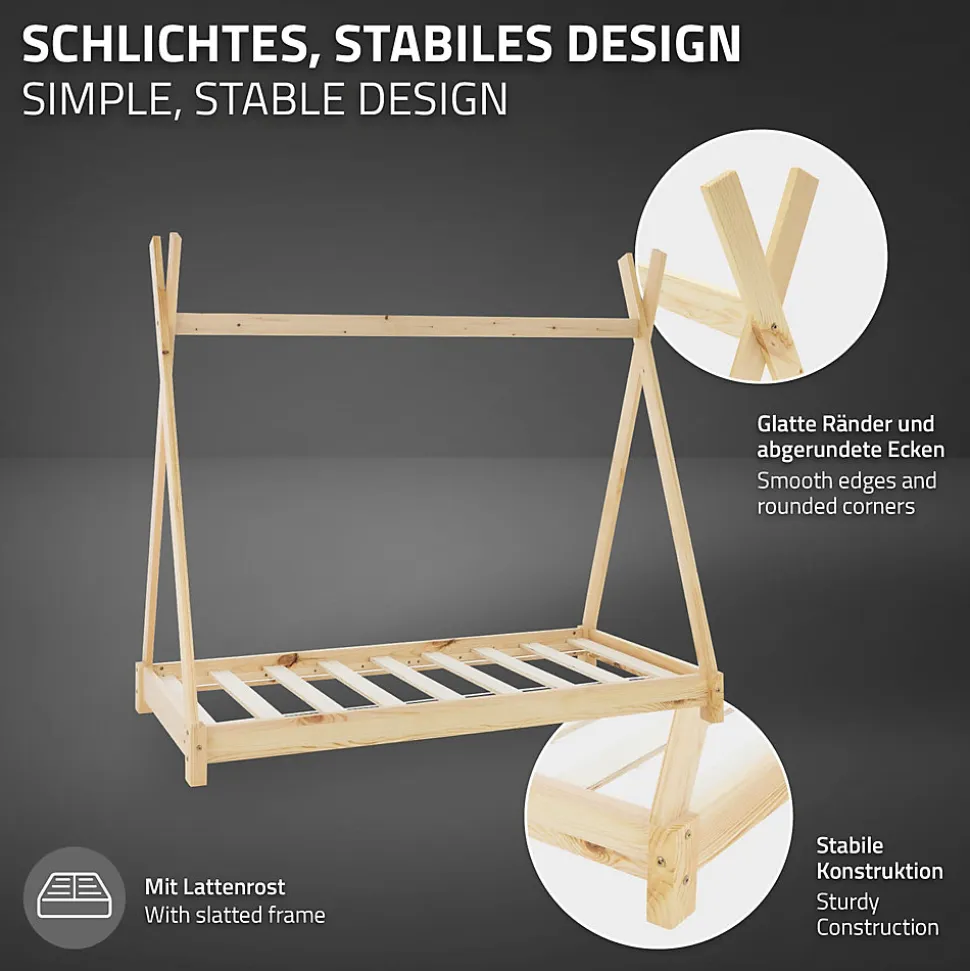 Lit d'enfant ML-Design Tipi 70x140cm naturel en bois de pin massif avec sommier matelas style indien