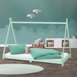 Lit d'enfant ML-Design Tipi 90x200cm menthe simple en bois de pin avec sommier à lattes style indien