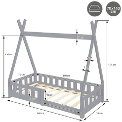 Lit d'enfant ML-Design Tipi 70x140 cm gris clair en bois de pin avec sommier matelas style indien