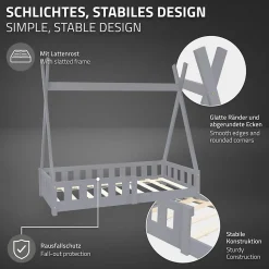 Lit d'enfant ML-Design Tipi 70x140 cm gris clair en bois de pin avec sommier matelas style indien