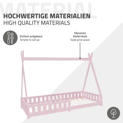 Lit d'enfant ML-Design Tipi 90x200 cm rose en bois de pin massif avec matelas H:16 cm style indien