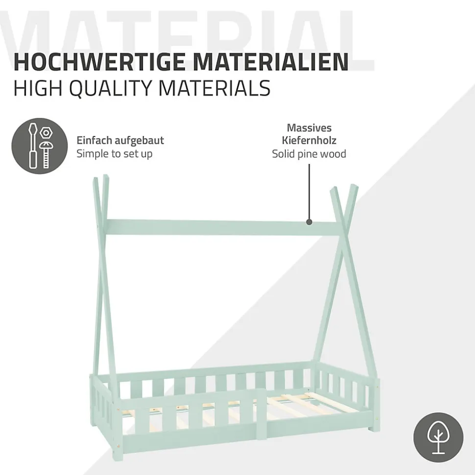Lit d'enfant ML-Design Tipi 70x140 cm menthe en bois de pin massif avec sommier matelas style indien