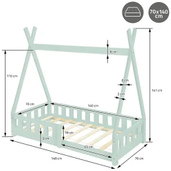 Lit d'enfant ML-Design Tipi 70x140 cm menthe en bois de pin massif avec sommier matelas style indien