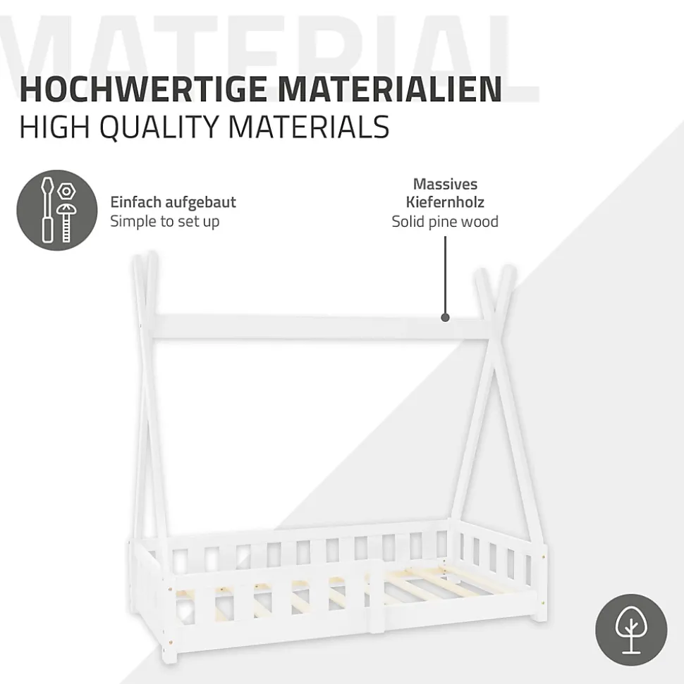 Lit d'enfant ML-Design Tipi 70x140 cm blanc en bois de pin massif avec sommier matelas style indien