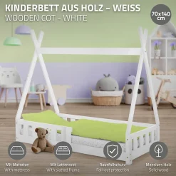 Lit d'enfant ML-Design Tipi 70x140 cm blanc en bois de pin massif avec sommier matelas style indien