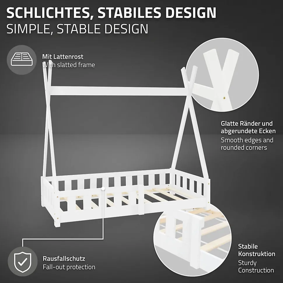 Lit d'enfant ML-Design Tipi 70x140 cm blanc en bois de pin massif avec sommier matelas style indien