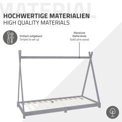 Lit d'enfant ML-Design Tipi 90x200 cm gris clair en bois de pin massif style indien matelas H:10 cm