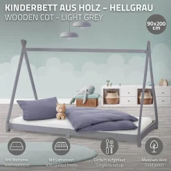 Lit d'enfant ML-Design Tipi 90x200 cm gris clair en bois de pin massif style indien matelas H:10 cm