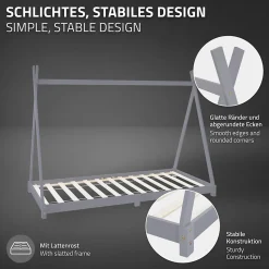 Lit d'enfant ML-Design Tipi 90x200 cm gris clair en bois de pin massif style indien matelas H:10 cm