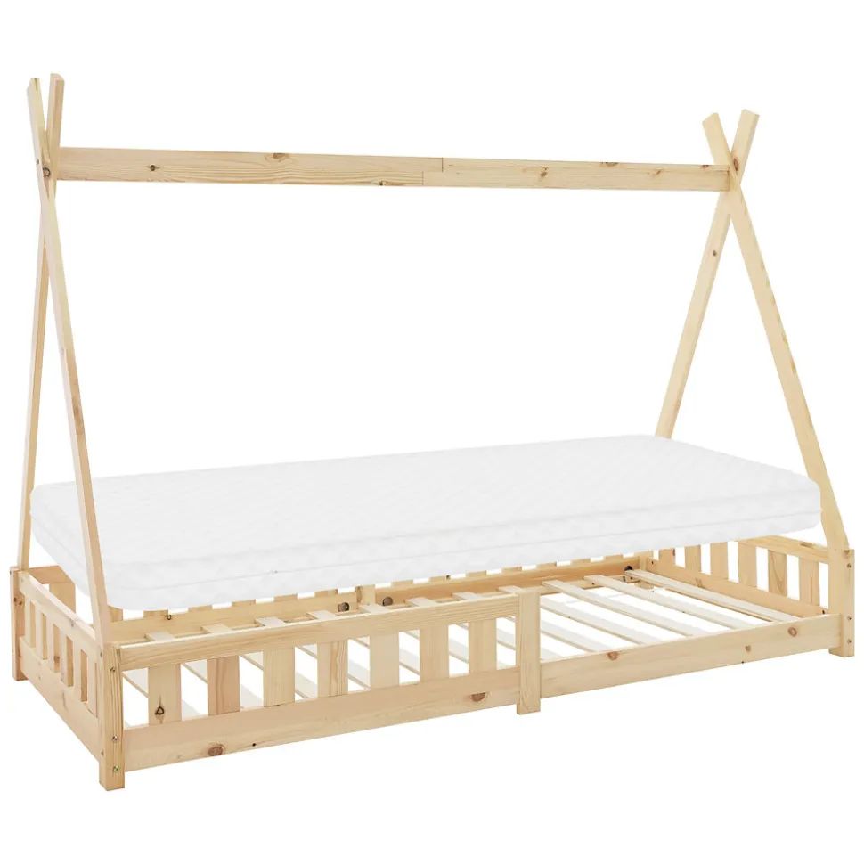 Lit d'enfant ML-Design Tipi 90x200 cm naturel cadre en bois de pin style indien avec matelas H:10 cm