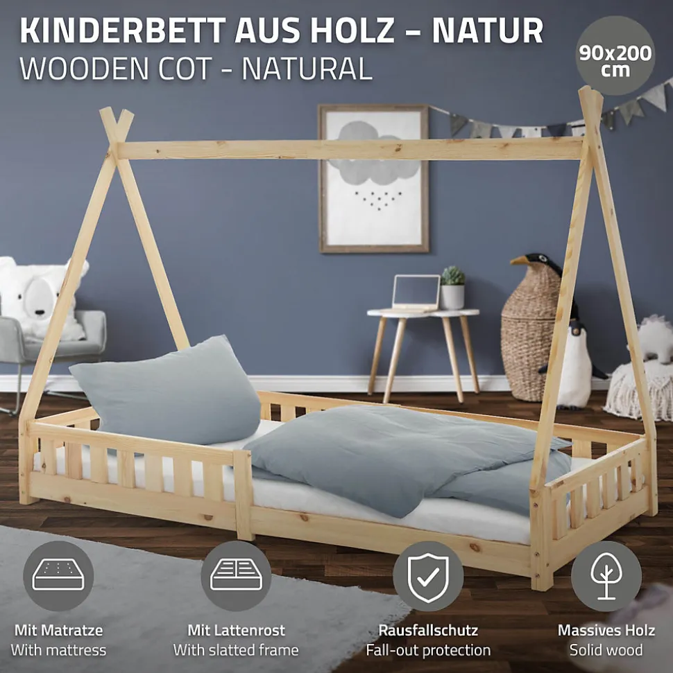 Lit d'enfant ML-Design Tipi 90x200 cm naturel cadre en bois de pin style indien avec matelas H:10 cm