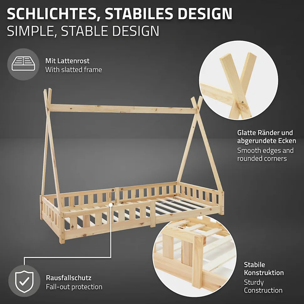 Lit d'enfant ML-Design Tipi 90x200 cm naturel cadre en bois de pin style indien avec matelas H:10 cm