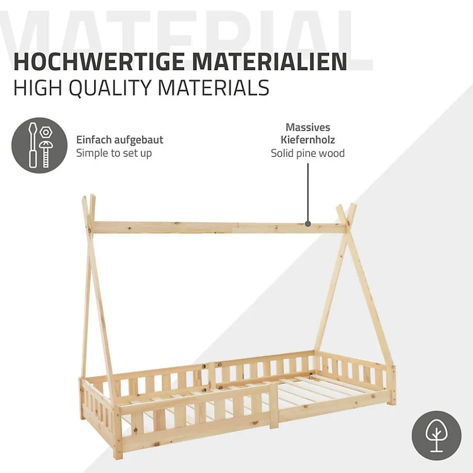 Lit d'enfant ML-Design Tipi 90x200 cm naturel cadre en bois de pin style indien avec matelas H:10 cm
