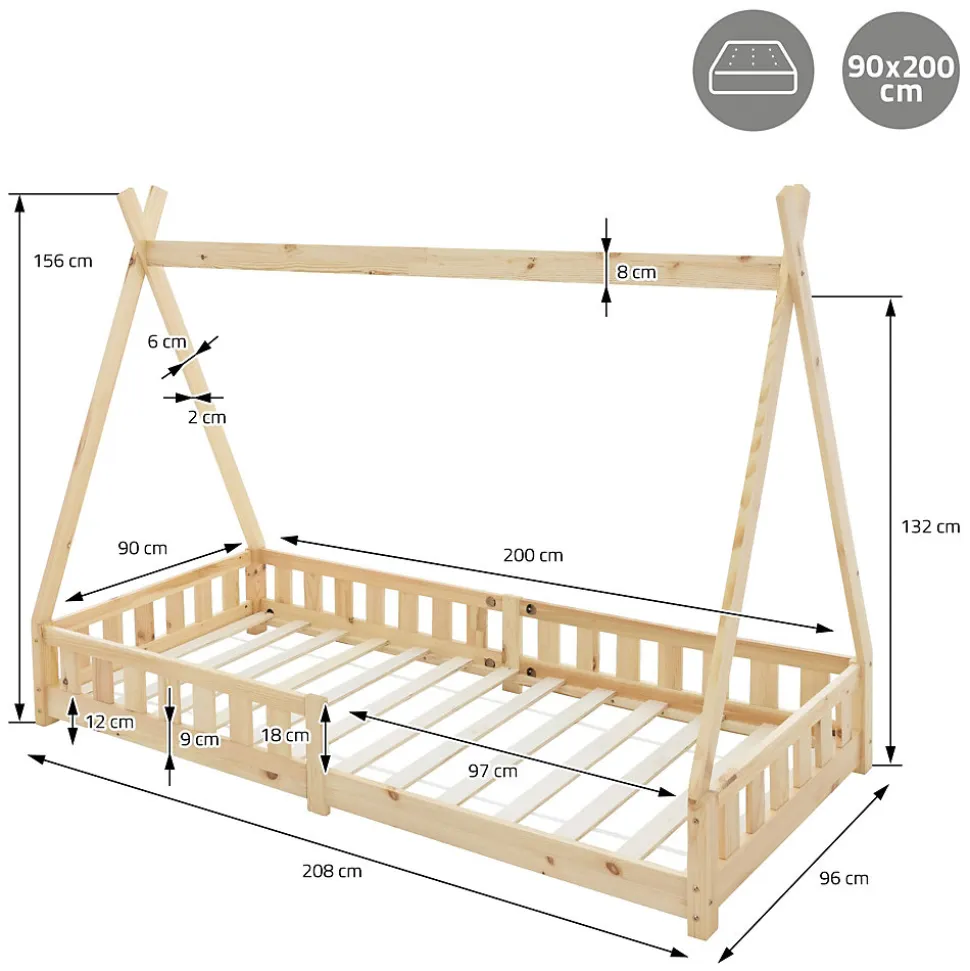 Lit d'enfant ML-Design Tipi 90x200 cm naturel cadre en bois de pin style indien avec matelas H:10 cm