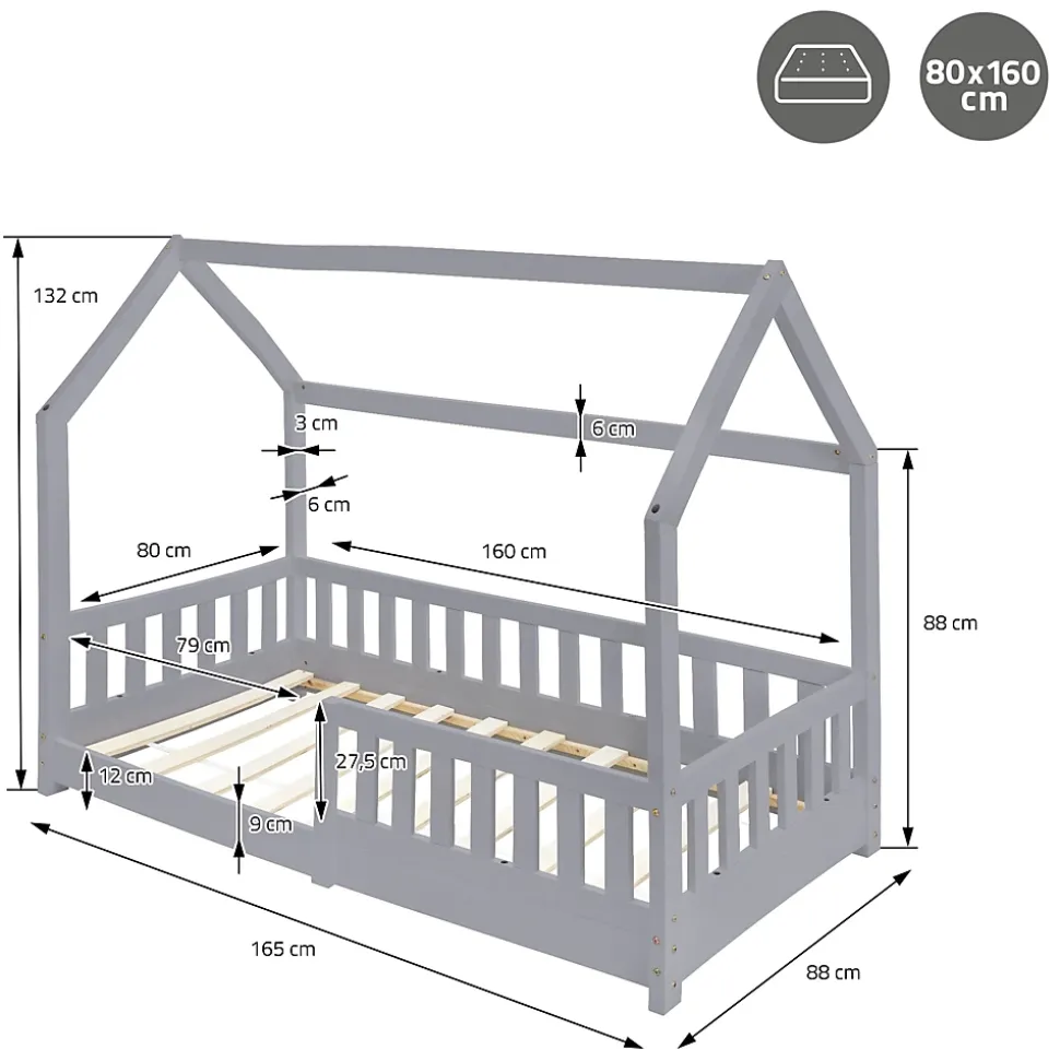 Lit d'enfant ML-Design 80x160 cm gris clair bois de pin massif style maison avec sommier et matelas
