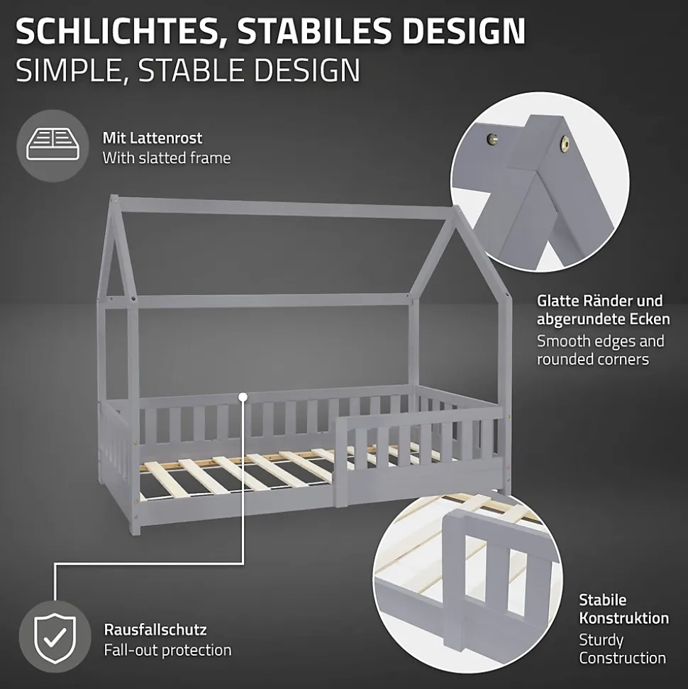 Lit d'enfant ML-Design 80x160 cm gris clair bois de pin massif style maison avec sommier et matelas