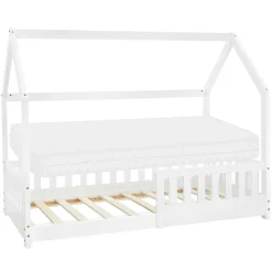 Lit d'enfant ML-Design 80x160 cm naturel bois de pin massif style maison avec matelas et protection