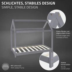 Lit d'enfant ML-Design 90x200 cm gris clair bois de pin massif style maison avec sommier et matelas