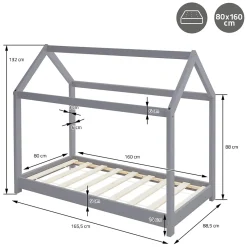 Lit d'enfant ML-Design 90x200 cm gris clair bois de pin massif style maison avec sommier et matelas