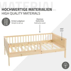 Lit d'enfant ML-Design 80x160 cm simple naturel en bois de pin avec sommier à lattes sans matelas