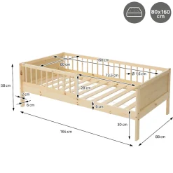 Lit d'enfant ML-Design 80x160 cm simple naturel en bois de pin avec sommier à lattes sans matelas