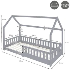 Lit d'enfant ML-Design 90x200 cm gris clair en bois de pin massif style maison avec matelas H:16 cm