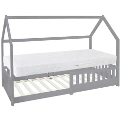 Lit d'enfant ML-Design 90x200 cm gris clair en bois de pin massif style maison avec matelas H:16 cm