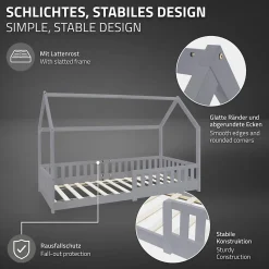 Lit d'enfant ML-Design 90x200 cm gris clair en bois de pin massif style maison avec matelas H:10 cm