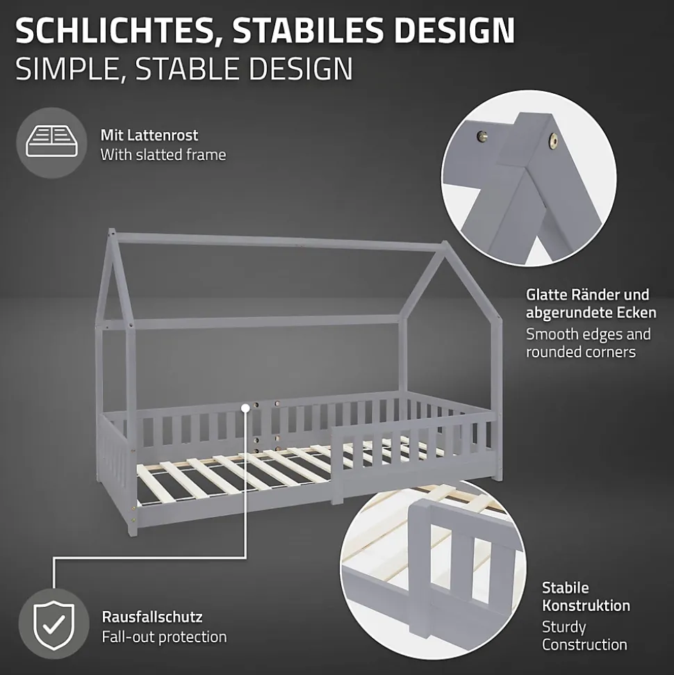 Lit d'enfant ML-Design 90x200 cm gris clair en bois de pin massif style maison avec matelas H:10 cm