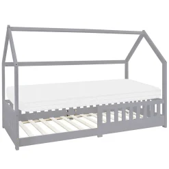 Lit d'enfant ML-Design 90x200 cm gris clair en bois de pin massif style maison avec matelas H:10 cm