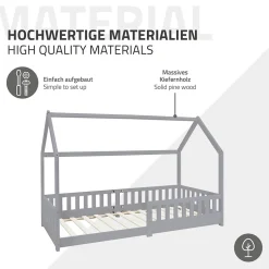 Lit d'enfant ML-Design 90x200 cm gris clair en bois de pin massif style maison avec matelas H:10 cm