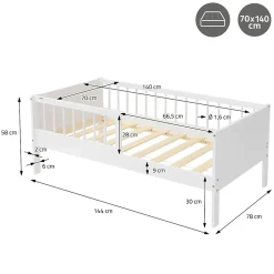 Lit d'enfant ML-Design 70x140 cm simple blanc en bois de pin avec sommier à lattes sans matelas