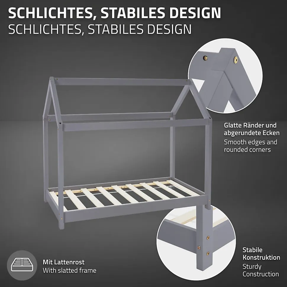 Lit d'enfant ML-Design 70x140 cm gris clair bois de pin massif structure maison avec toit et sommier
